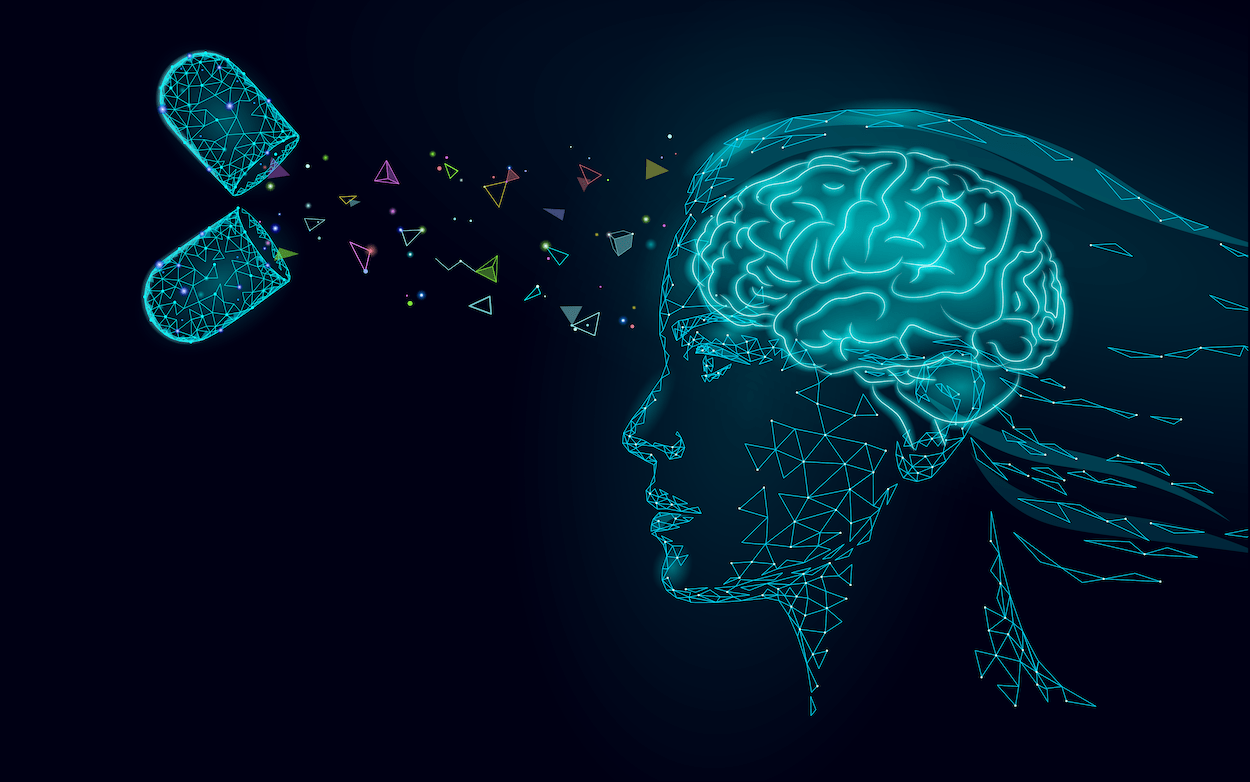 A drug capsule broken open releasing its contents toward a human brain