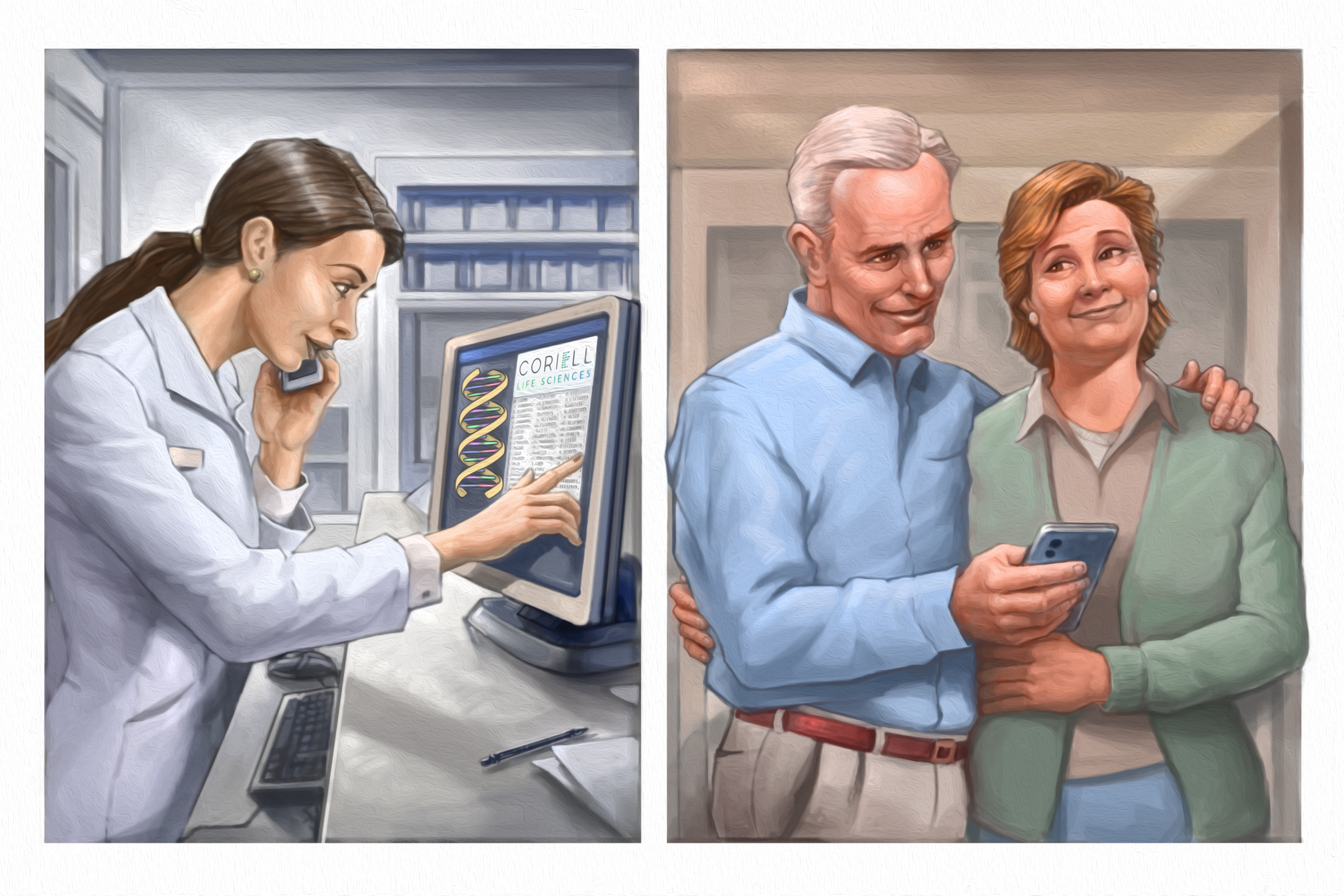 Coriell Life Sciences' Healthy Aging Illustration featuring a pharmacist and patients